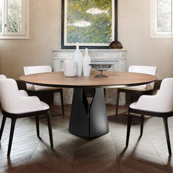 Distinguished Cattelan Italia Giano table with round Canaletto walnut wood and graphite embossed lacquered steel base