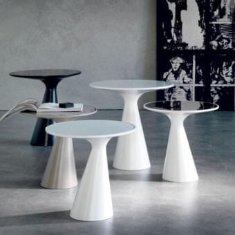 Elegant Cattelan Italia Peyote side table with circular white painted tempered glass top and matt white painted polyurethane conical base