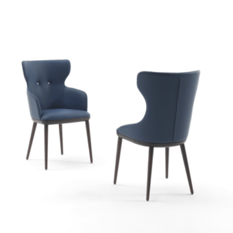 Exceptional Porada Andy chair in dark blue textile upholstery with a solid Canaletta Walnut frame and decorative backrest buttons