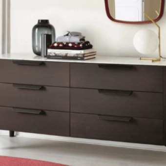 Exceptional Porada Ziggy dresser in solid canaletta walnut with moka stained finish and extra-light frosted glass top