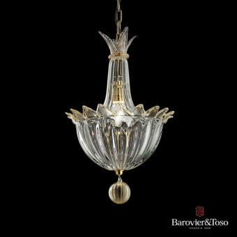 Distinguished Barovier&Toso Fanali Veneziani suspension lamp in clear glossy glass with warm gold accents and ribbed detailing