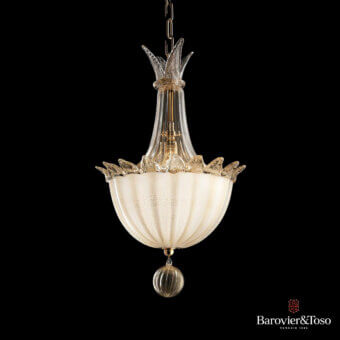 Exceptional Barovier&Toso Fanali Veneziani suspension lamp crafted in translucent ribbed glass and clear glass with silver-toned metallic chain