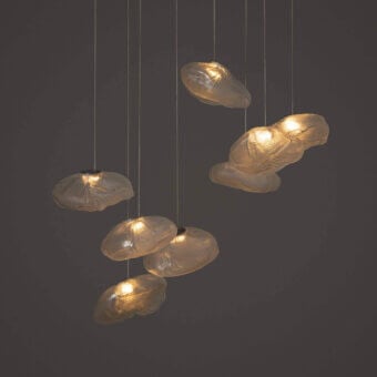Exceptional Bocci 73 suspension lamp crafted with translucent pale amber glass and folded ceramic fabric for a warm glow