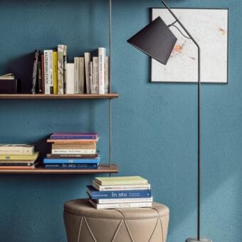 Elegant Cattelan Italia Karibù floor lamp with black cotonette lampshade and cylindrical cement base in matte black painted steel