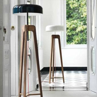 Distinctive Porada Pileo floor lamp with tin-plated lampshade and Canaletto walnut base, exhibiting a black post with red cord