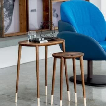 Distinguished Porada Rogers nested tables crafted in canaletto walnut with natural maple tips exhibiting warm tones