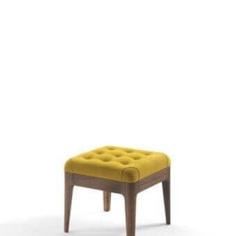 Distinguished Porada Webby ottoman with vibrant yellow button-tufted fabric and solid canaletto walnut frame