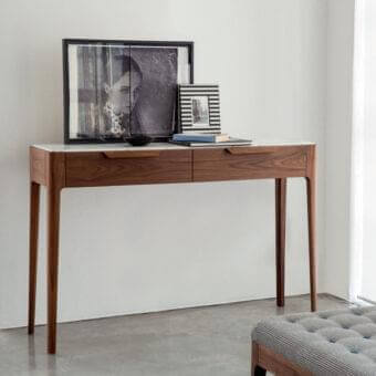 Distinctive Porada Ziggy console crafted in canaletto walnut with dark smooth finish and light marble top