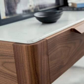 Superior Porada Ziggy console with white Calacatta Gold marble top and Canaletta walnut frame showcases clean lines