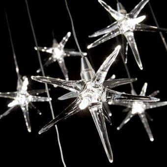 Superior Reflex Stella suspension lamp with transparent Pyrex glass stars and black glass support exhibiting a glossy finish