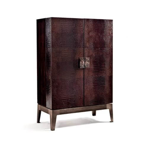 Rectangular upright form with textured brown panels, central hardware, and angled tapered legs on a darker base