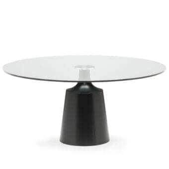 Clear circular surface on a metallic cylindrical support with a dark conical base and subtle gradient lighting