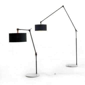 Exclusive Porada Gary floor lamp with tubular bronzed brass frame and grey cotton shade built upon a Carrara marble base