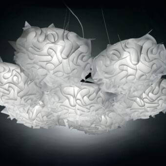 Distinguished Slamp Veli 7 suspension lamp handcrafted in luminous Opalflex® with a translucent white layered flowing design