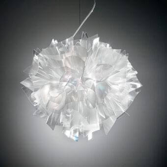 Distinguished Slamp Veli suspension lamp handcrafted in Italy from luminous Opalflex® with layered petal-like components