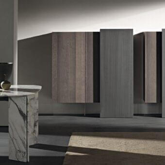 Exceptional Acerbis Alterego cupboard with wood-like body and smooth grey sliding door in brushed metal effect, built with a transparent methacrylate base
