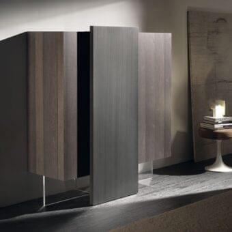 Superior Acerbis Alterego cupboard in muted gray-brown wood grain and lighter gray with transparent methacrylate base and matte finish