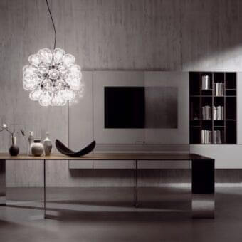 Distinguished Acerbis Axis table with dark stained walnut veneer and reflective polished stainless steel legs