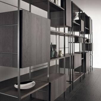 Exceptional Acerbis Outline bookcase with wood-grain finish and sleek dark gray metal frame crafted in Italy