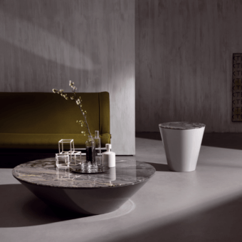Distinguished Acerbis Pond coffee table with marble-inspired top and white lacquered molded polyurethane base in glossy finish