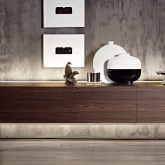 Distinguished Acerbis Steel sideboard with wood and mirror-polished steel, crafted in a low horizontal form with integrated lighting