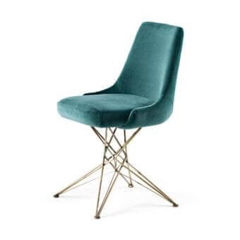 Sumptuous Arketipo Athena chair crafted with wood and brass metal legs in teal velvet-like fabric offering balanced form and ergonomic comfort
