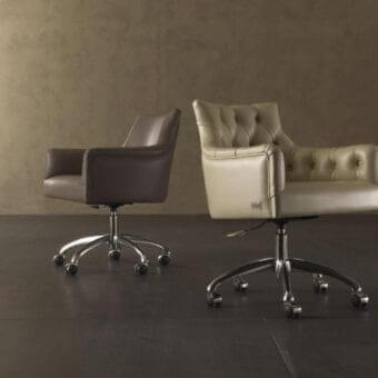 Distinguished Rugiano Itaca office armchair upholstered in dark beige or light brown leather with a polished steel base and swivel wheels