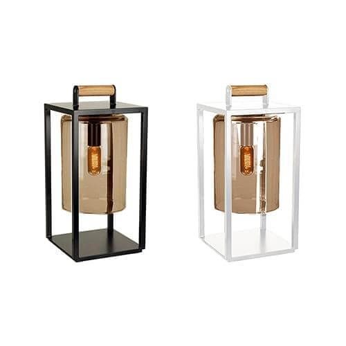 Two upright geometric frameworks with cylindrical amber gradient elements and rectangular handles stand on a white surface