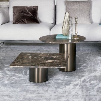 Exceptional Arketipo Petra coffee tables with swirling brown Emperador marble tops and micaceous brown cylindrical metal bases