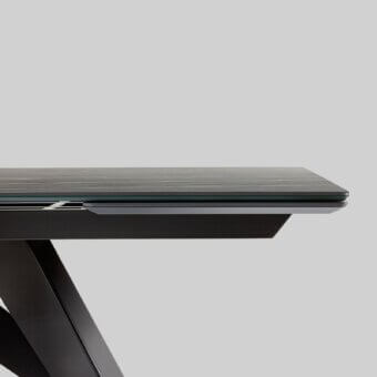 Exceptional Bonaldo Big extendable table with glossy gray glass top and dark metal legs in geometric configuration