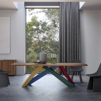 Superior Bonaldo Big table with veneered wood and diagonally intersecting legs crafted in laser-cut steel with colorful painted accents