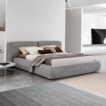 Exceptional Bonaldo Fluff bed with textured gray fabric upholstery exhibiting a rounded, fully removable cover design