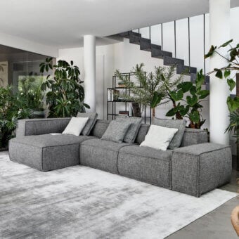 Exceptional Bonaldo Peanut B sofa with enveloping softness and textured matte gray fabric upholstery showcasing clean lines
