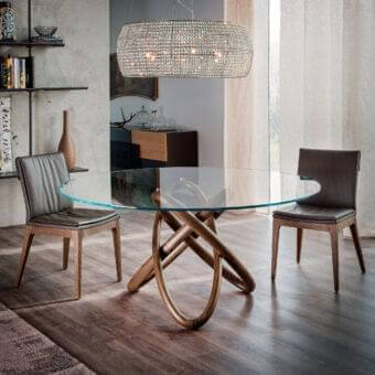 Superior Cattelan Italia Carioca table with intertwined Canaletto walnut base and clear glass top built with a subtle blue edge