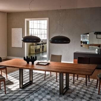 Exceptional Cattelan Italia Sigma table with Canaletto walnut top and transparent varnished metal base in a smooth matte finish
