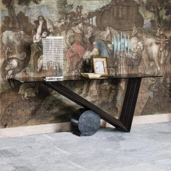 Superior Cattelan Italia Valentino console with clear glass top and dark Canaletto walnut finish, built upon a cylindrical travertine marble base