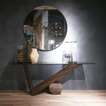 Exceptional Cattelan Italia Valentino console with Canaletto walnut base and transparent glass top in striking Travertine marble