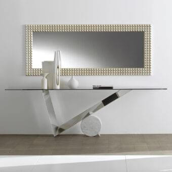 Sophisticated Cattelan Italia Valentinox console with clear glass top and polished stainless steel base, accented with white Carrara marble