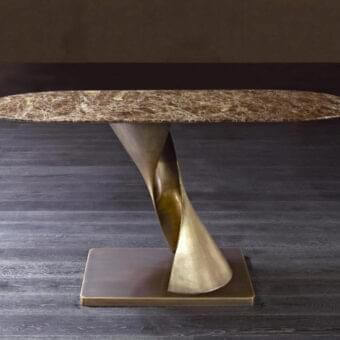 Refined Rugiano Zoe console with Spigato Oak tabletop and spiraling satin-finished bronze base