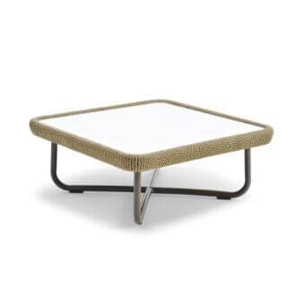 Elegant Varaschin Babylon coffee table with woven light brown fiber rope and matte-gray painted aluminum base