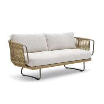 Exceptional Varaschin Babylon sofa with hand-woven synthetic fiber rope and varnished aluminum frame in neutral beige tones