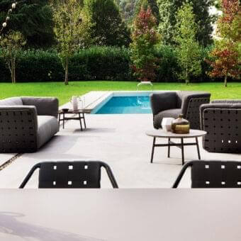 Elegant Varaschin Summer Set coffee table with a light brown ceramic top and powder-coated steel frame