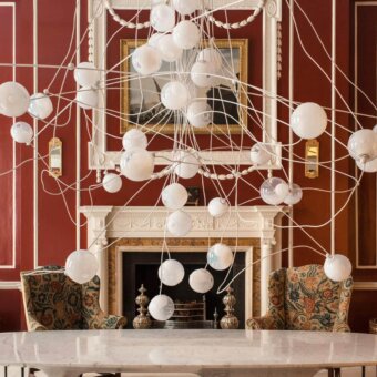 Exceptional Bocci 28 Copper suspension lamp with sprawling clear glass spheres and polished copper rods offering a refined aesthetic