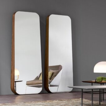 Distinguished Bonaldo Obel mirror with a trapezium shape and American walnut veneered structure in a satin finish