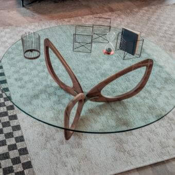 Superior Cattelan Italia Helix coffee table with transparent glass and sculpted solid wood legs built with sleek steel accents