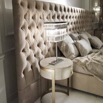 Superior DV Home Collection Byron Prince nightstand with a neutral beige textile top and gleaming 24kt gold metal base