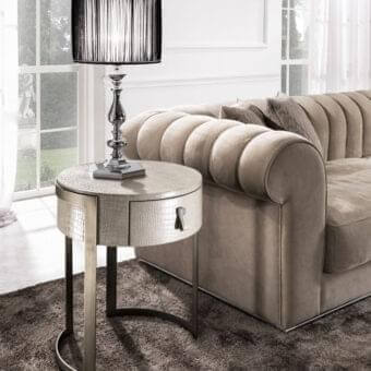 Exclusive DV Home Collection Byron Prince nightstand with glossy crocodile-textured top and matte metal base with a dark handle
