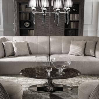 Distinguished DV Home Collection Charlotte sofa with light gray fabric upholstery and diamond-patterned quilting offering relaxed comfort