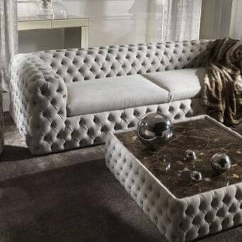Distinguished DV Home Collection Chelsea sofa with light gray tufted fabric and a solid wood frame construction