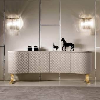 Superior DV Home Collection Form sideboard with quilted light beige leather doors and gold stainless steel legs